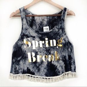 NWT Y2K Boho Festival Tie Dye Spring Break Crop Top Pom Tassels Fringe Boho USA